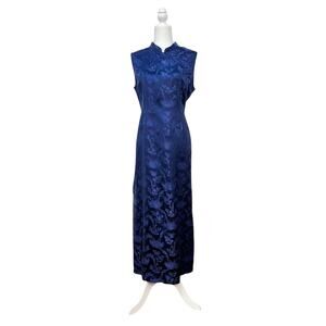 Vintage April Cornell 90s Size L Blue Floral Asian Inspired Long Brocade Dress